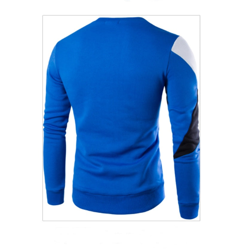 Blue long-sleeve shirt with a white and black design on the back against a white background