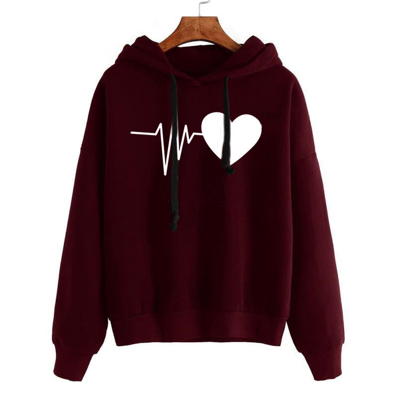 Maroon hoodie with a heart and pulse line design on a white background