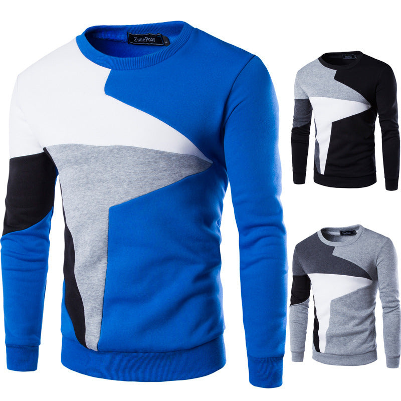 Color-blocked long-sleeve shirt with blue, white, and gray design on a white background.