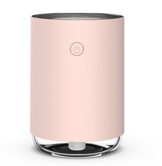 Pink air purifier with a black top and bottom on a white background