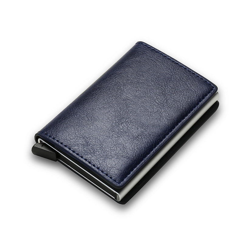 Blue leather wallet with metal frame on a white background