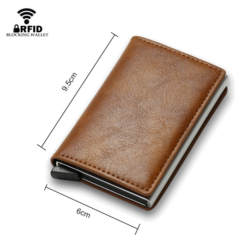 Brown leather wallet with dimensions labeled on a white background