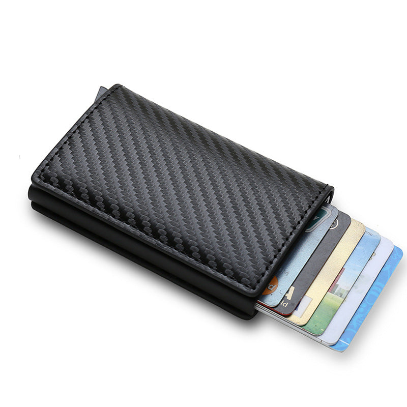 Black carbon fiber wallet with cards on a white background
