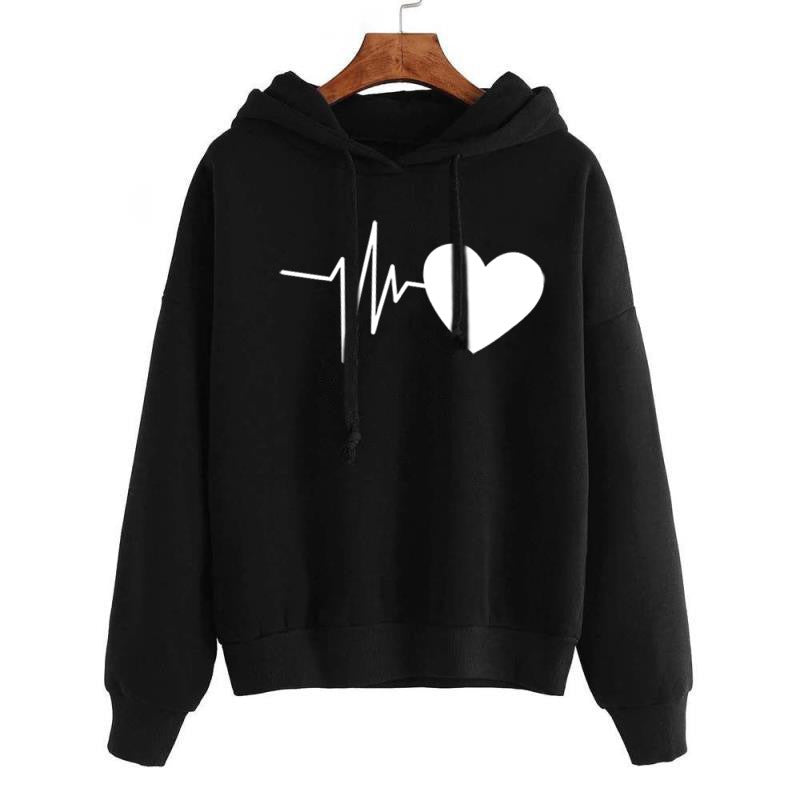 Black hoodie with a heart and heartbeat line design on a white background