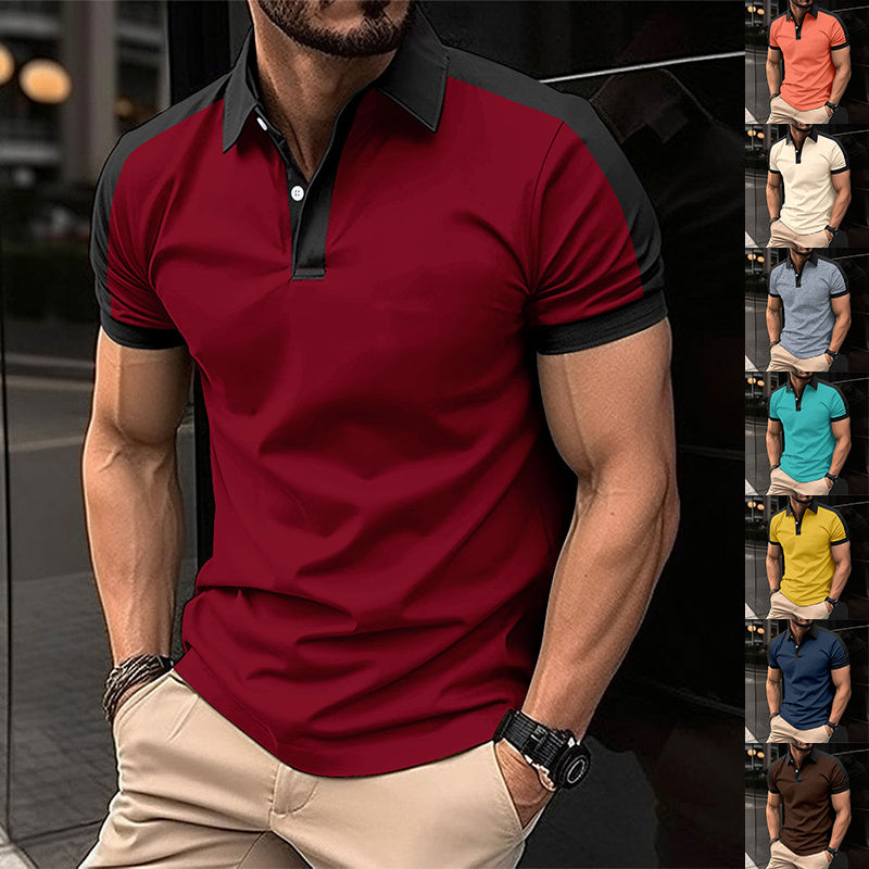 Man wearing a red and black polo shirt with side images of different colored shirts.