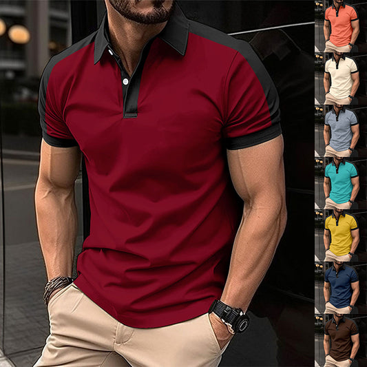 Man wearing a red and black polo shirt with side images of different colored shirts.