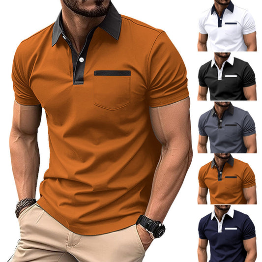 Man wearing an orange polo shirt with a collar and pocket, surrounded by other color options.