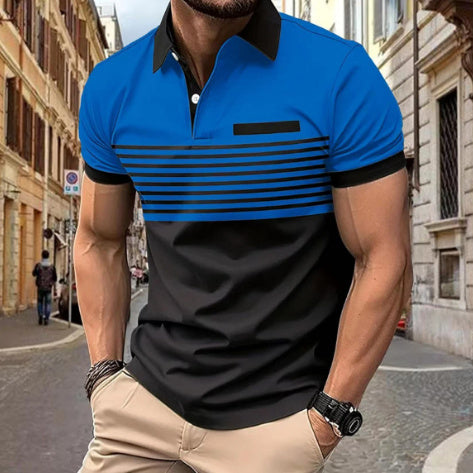 Man wearing a blue and black striped polo shirt on a city street.