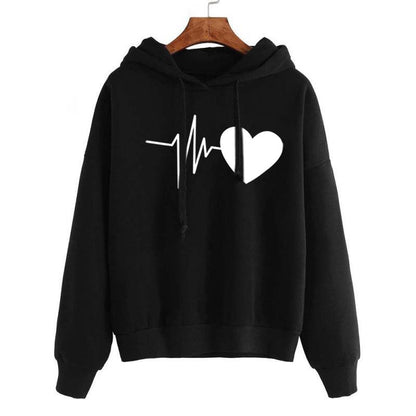 Black hoodie with a heart and heartbeat line design on a white background