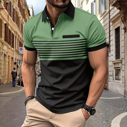 Man wearing a green and black striped polo shirt on a city street.