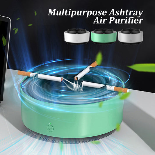 Multipurpose ashtray air purifier with smoking cigarettes and glowing effects on a dark background.